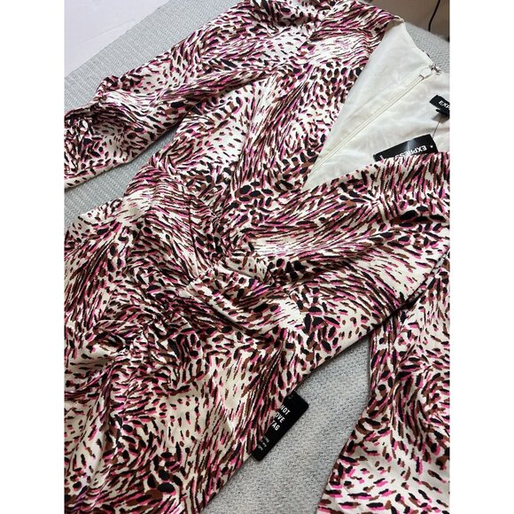EXPRESS ABSTRACT ANIMAL LEOPARD PRINT‎ PUFF SLEEVE RUCHED HI-LO MIDI DRESS XXS - Picture 4 of 11